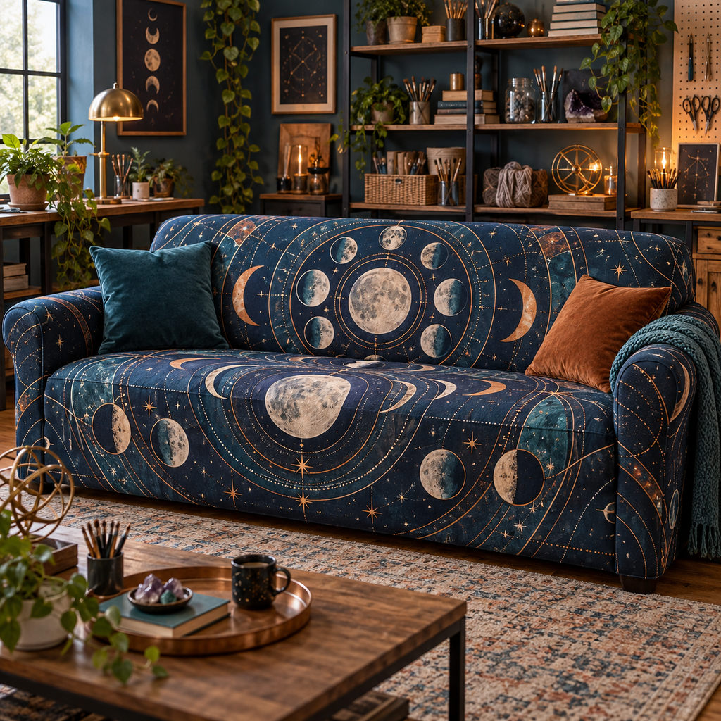 Moon Phase Hobby Studio Sofa Cover with flat printed optical 3D lunar circles and craft geometry in indigo copper teal and ivory