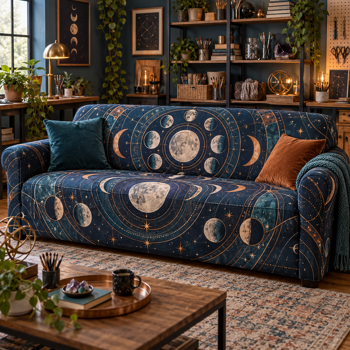 Moon Phase Hobby Studio Sofa Cover with flat printed optical 3D lunar circles and craft geometry in indigo copper teal and ivory