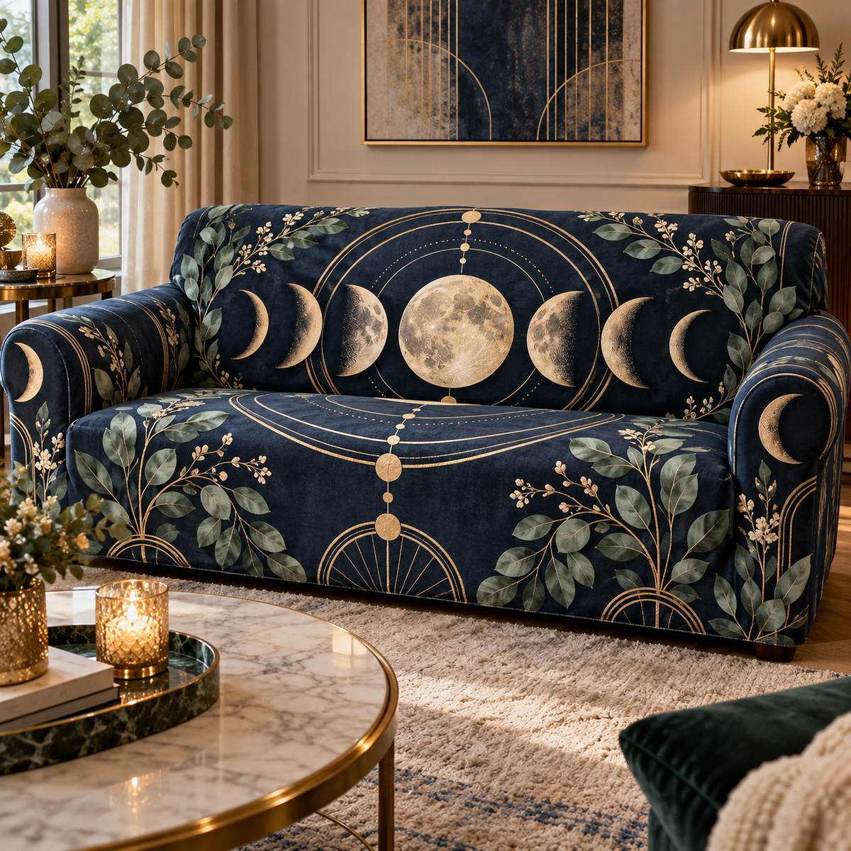 Moon Phase Host Gift Sofa Cover with flat printed optical 3D lunar phases and botanical hospitality accents