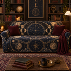 Constellation Reading Nook Sofa Cover with flat printed optical 3D celestial map in navy antique gold parchment and burgundy