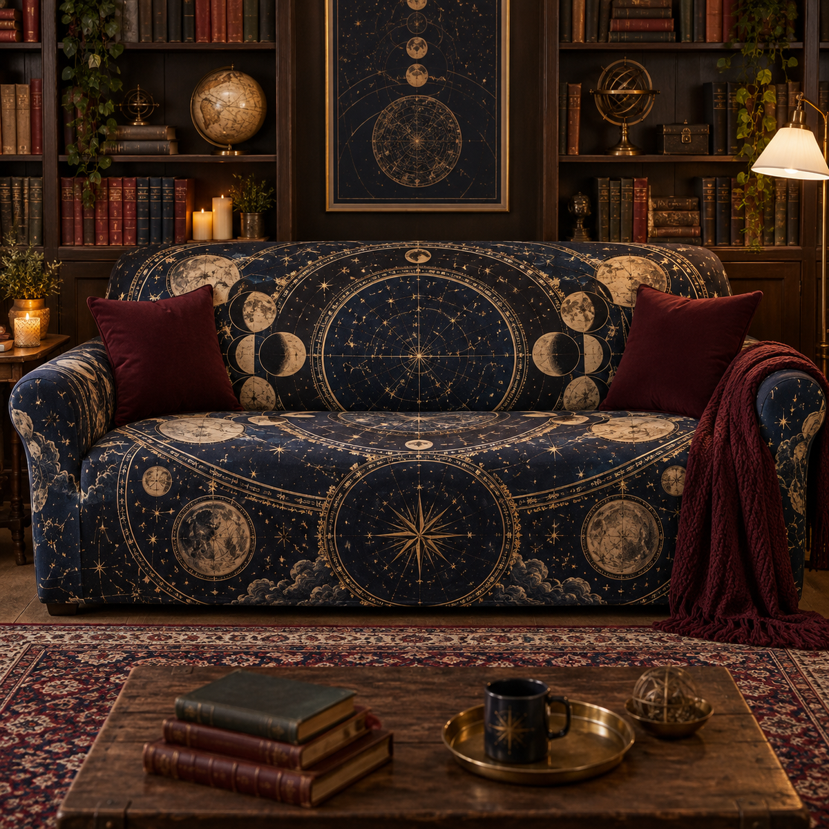 Constellation Reading Nook Sofa Cover with flat printed optical 3D celestial map in navy antique gold parchment and burgundy
