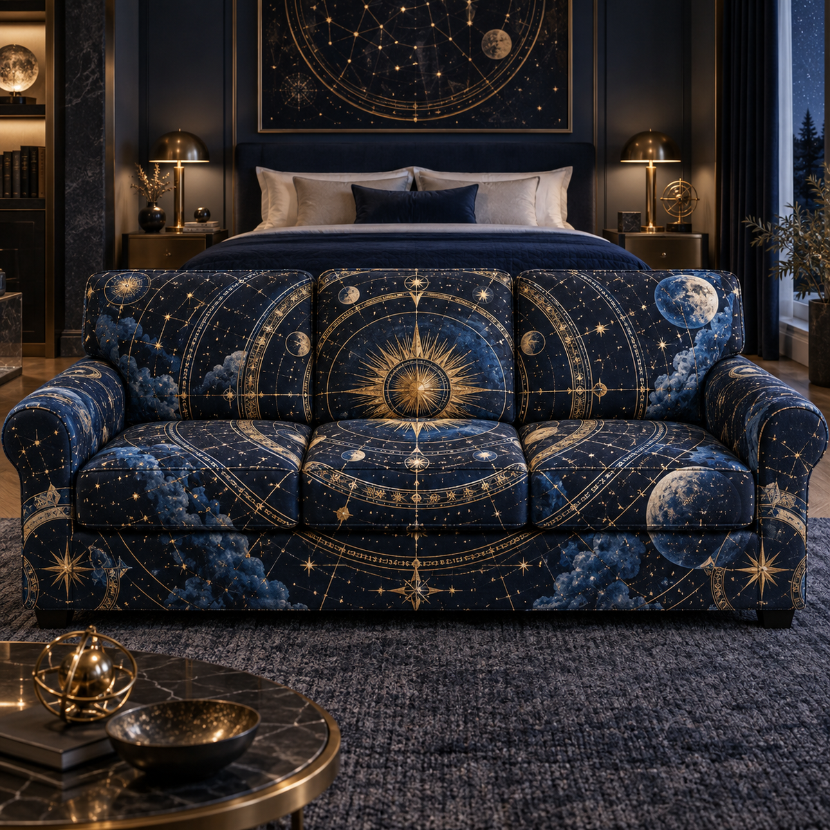 Constellation Bedroom Statement Sofa Cover with flat printed optical 3D astrolabe map in obsidian navy gold sapphire and ivory
