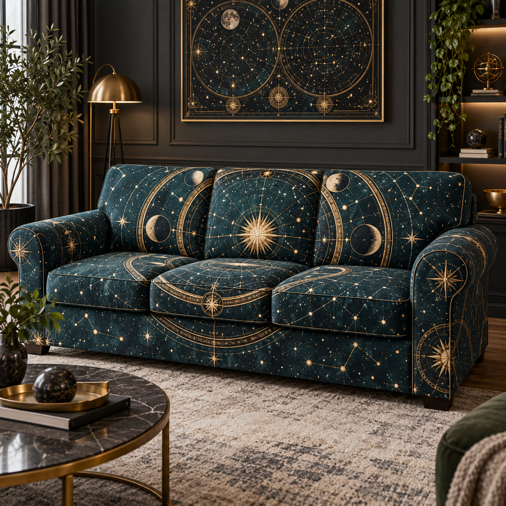 Constellation Living Room Focal Point Sofa Cover with flat printed optical 3D astrolabe map in midnight teal brass cream and charcoal