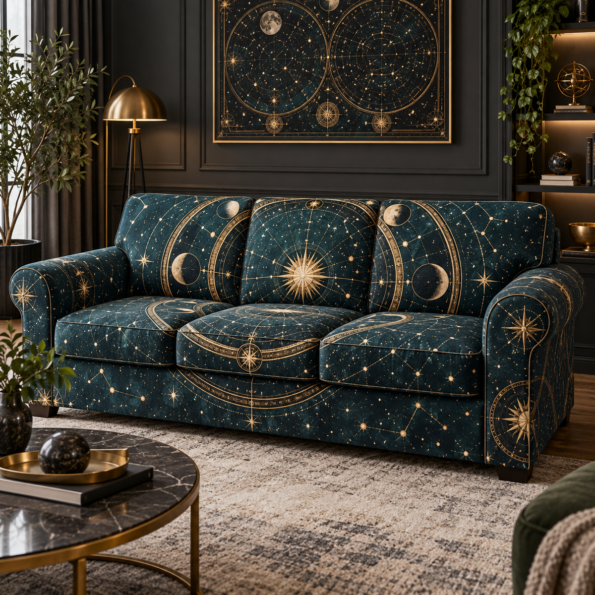 Constellation Living Room Focal Point Sofa Cover with flat printed optical 3D astrolabe map in midnight teal brass cream and charcoal