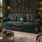 Constellation Living Room Focal Point Sofa Cover with flat printed optical 3D astrolabe map in midnight teal brass cream and charcoal