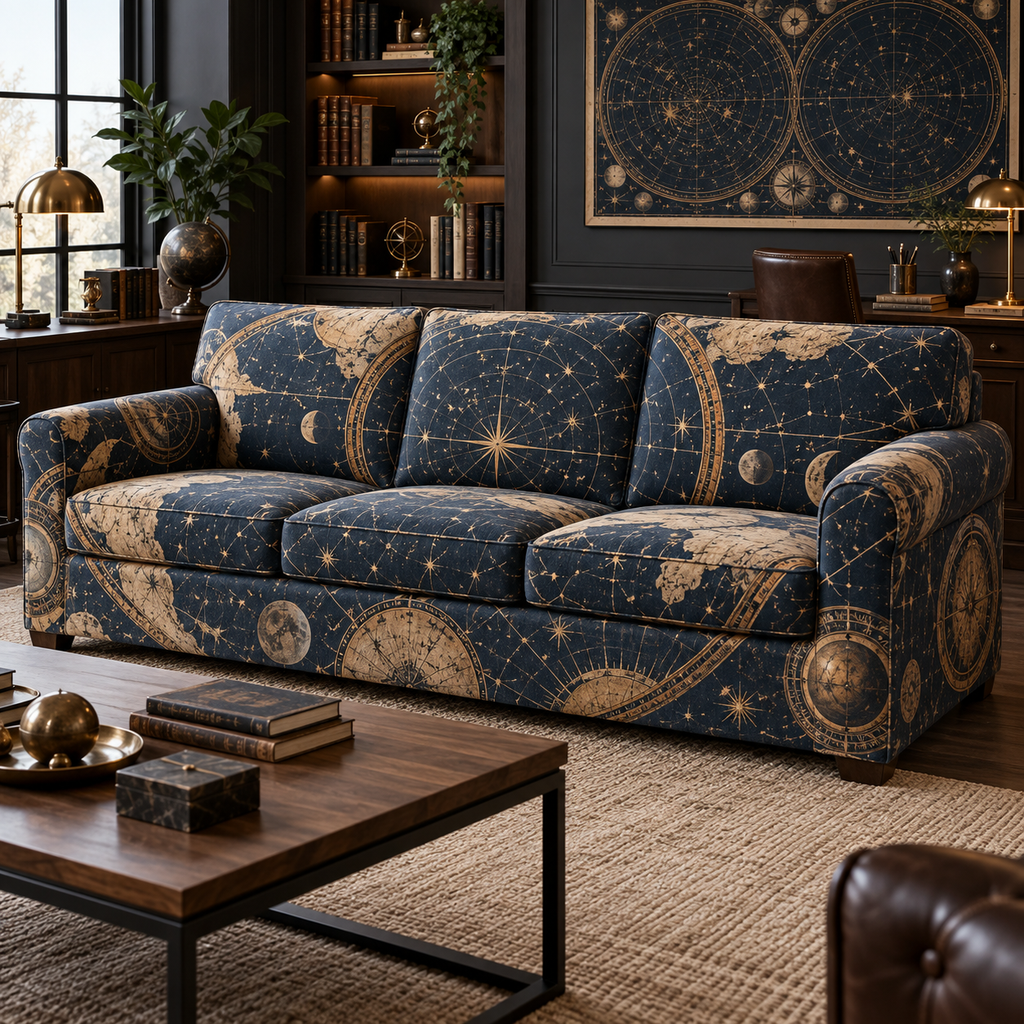 Constellation Home Office Focal Point Sofa Cover with flat printed optical 3D astrolabe map in midnight teal brass cream and charcoal