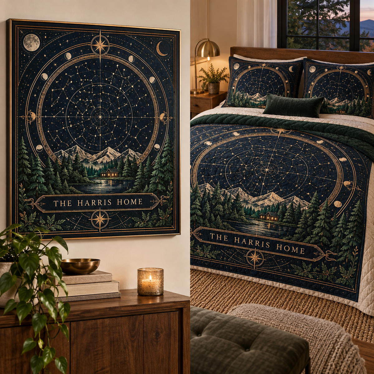Personalized Constellation Housewarming Sofa Cover showing sample family name integrated into flat printed optical 3D constellation artwork