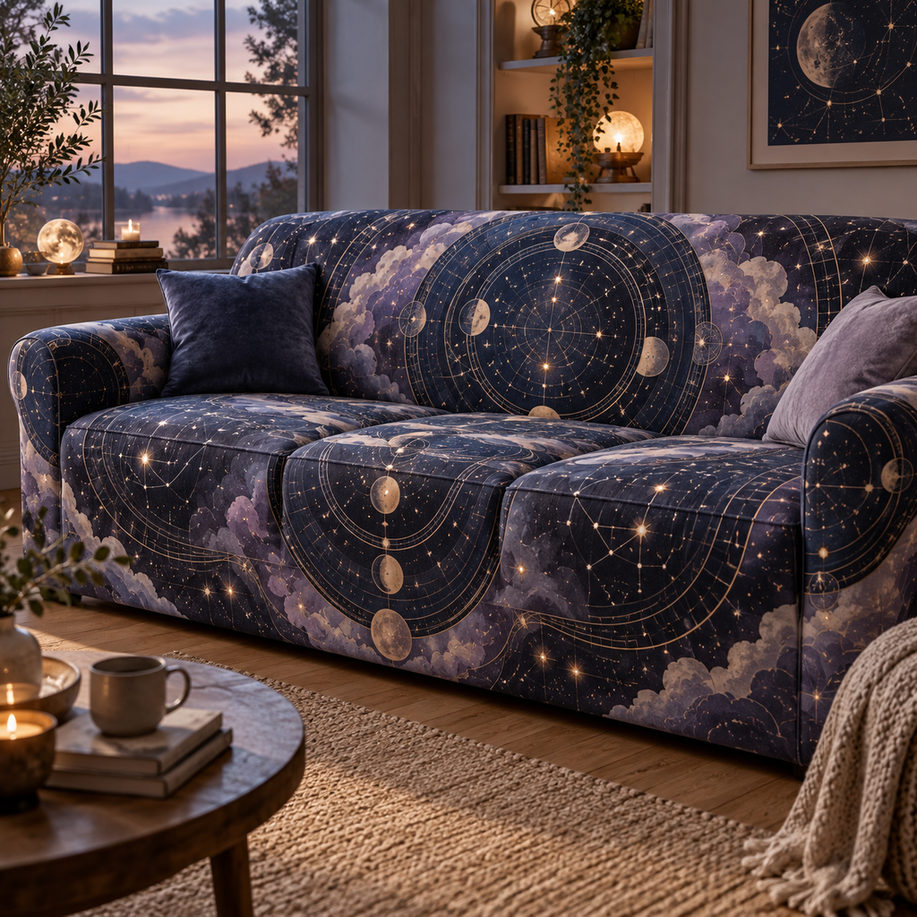 Constellation Quiet Corner Focal Point Sofa Cover with flat printed optical 3D astrolabe map in midnight teal brass cream and charcoal