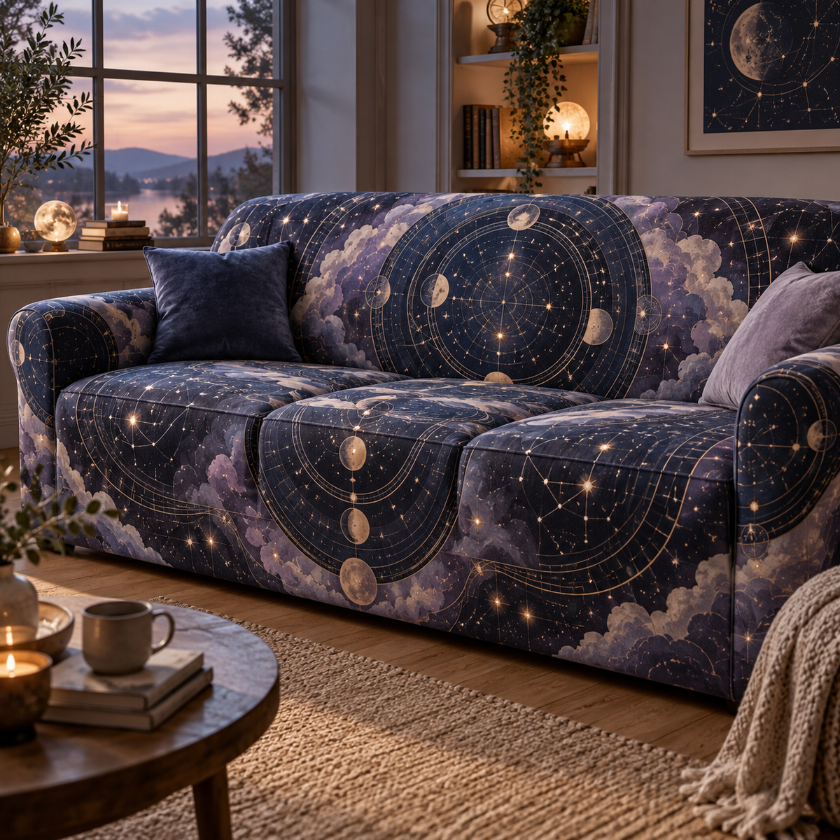 Constellation Quiet Corner Focal Point Sofa Cover with flat printed optical 3D astrolabe map in midnight teal brass cream and charcoal