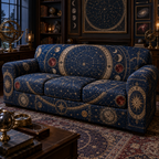 Constellation Collector Birthday Sofa Cover with flat printed optical 3D celestial atlas medallions in museum navy bronze ruby and parchment