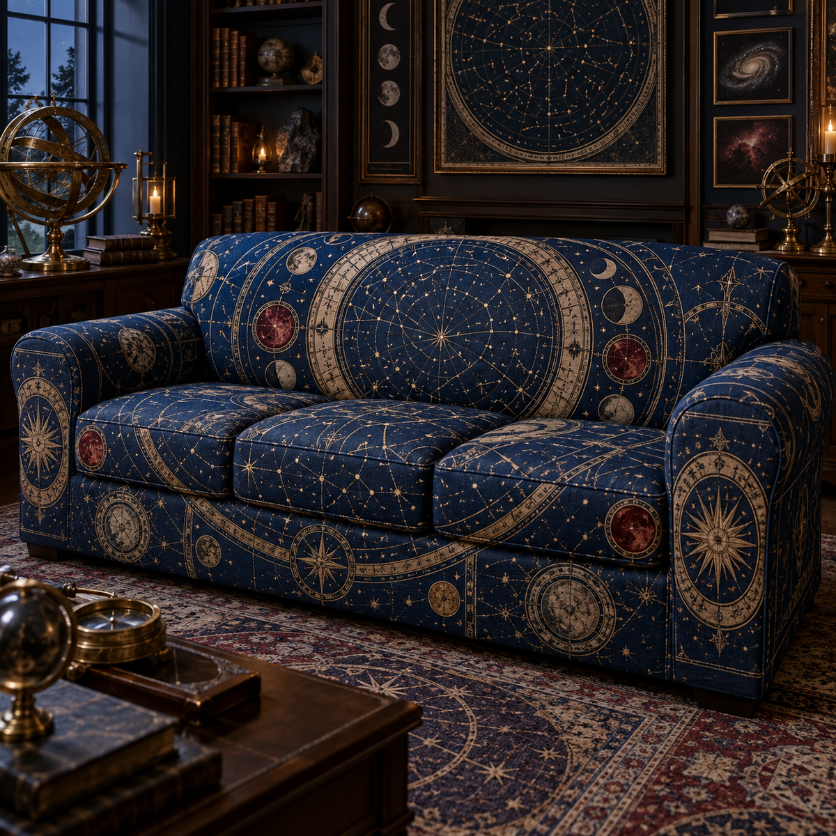 Constellation Collector Birthday Sofa Cover with flat printed optical 3D celestial atlas medallions in museum navy bronze ruby and parchment
