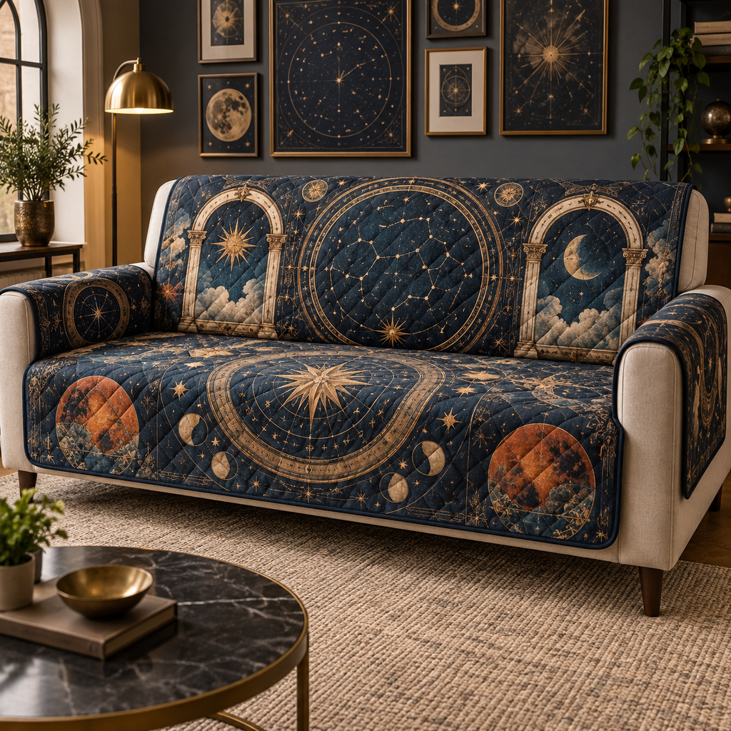 Constellation Gallery Wall Sofa Cover with flat printed optical 3D celestial gallery arches in midnight blue aged brass burnt orange and ivory