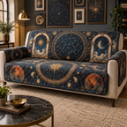Constellation Gallery Wall Sofa Cover with flat printed optical 3D celestial gallery arches in midnight blue aged brass burnt orange and ivory