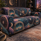 Constellation Hobby Studio Sofa Cover with flat printed optical 3D celestial gallery arches in ultraviolet deep teal copper coral and pearl