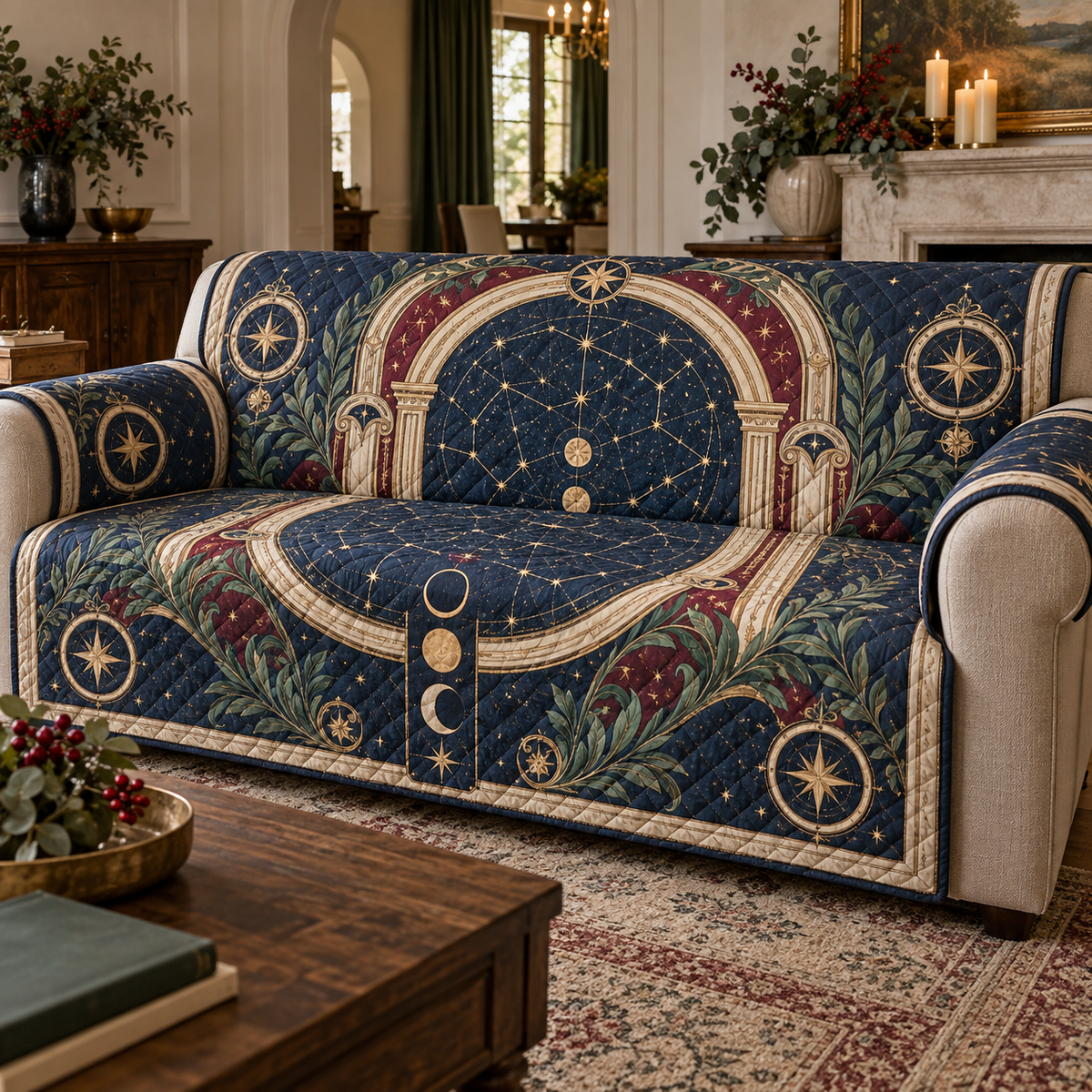 Constellation Host Thank You Sofa Cover with flat printed optical 3D celestial gallery arches in midnight navy champagne gold cranberry eucalyptus green and warm ivory