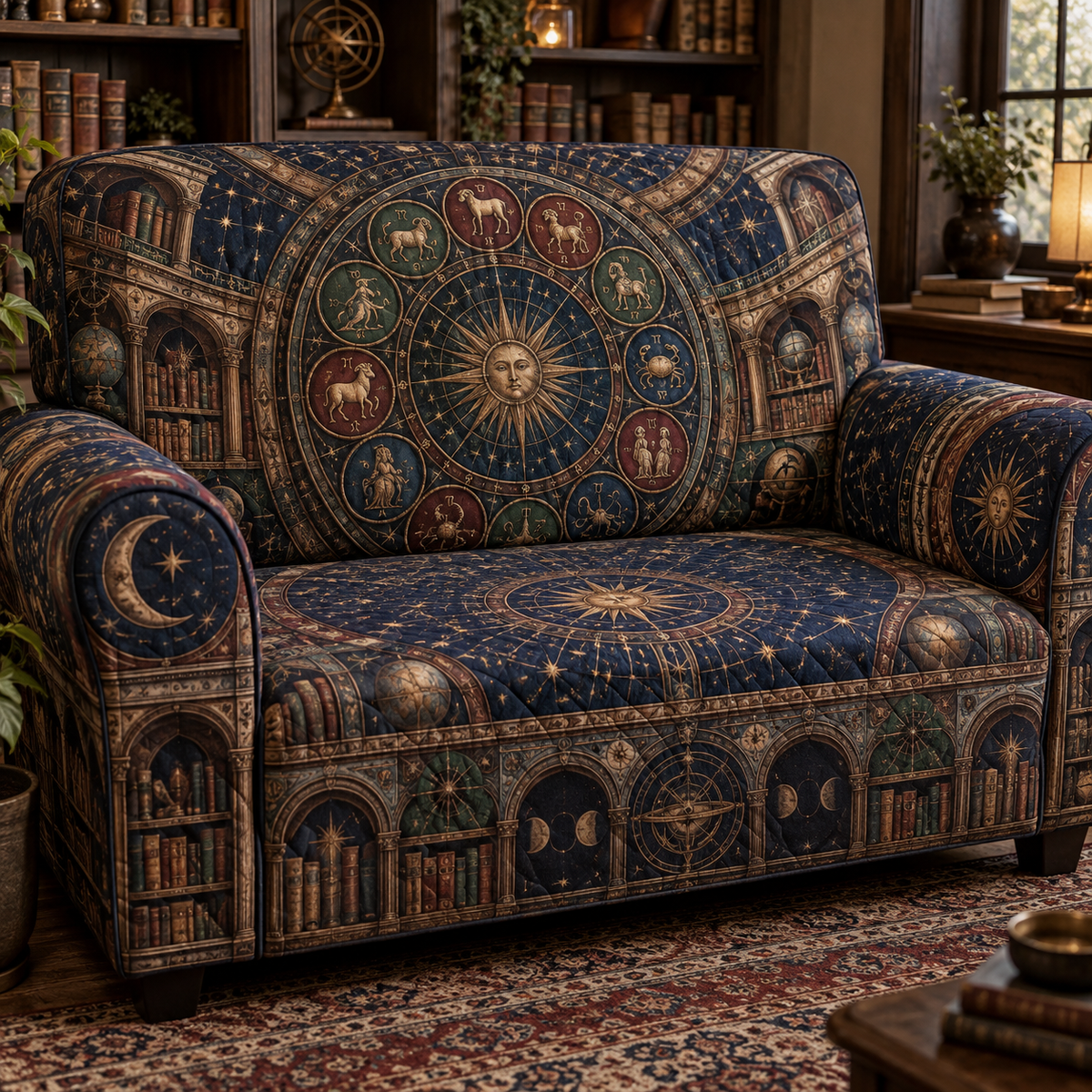 Zodiac Reading Nook Sofa Cover with flat printed optical 3D celestial gallery arches in ink blue antique copper oxblood moss and parchment