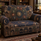 Zodiac Reading Nook Sofa Cover with flat printed optical 3D celestial gallery arches in ink blue antique copper oxblood moss and parchment