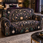 Zodiac Bedroom Statement Sofa Cover with flat printed optical 3D celestial gallery arches in black sapphire royal purple rose gold emerald and moonstone ivory