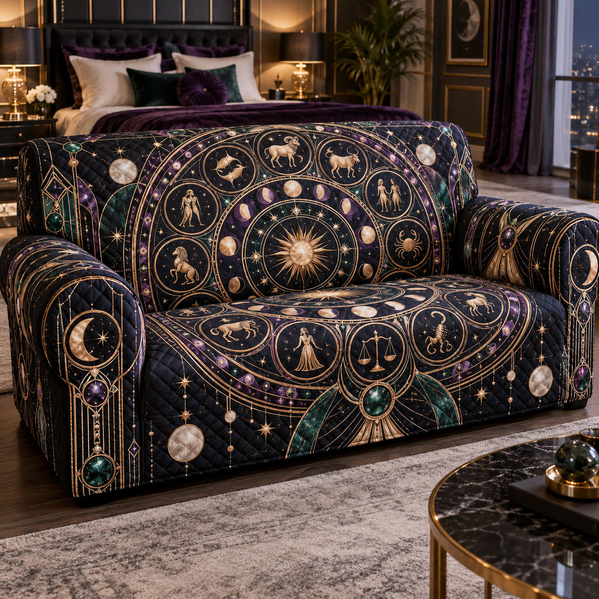 Zodiac Bedroom Statement Sofa Cover with flat printed optical 3D celestial gallery arches in black sapphire royal purple rose gold emerald and moonstone ivory
