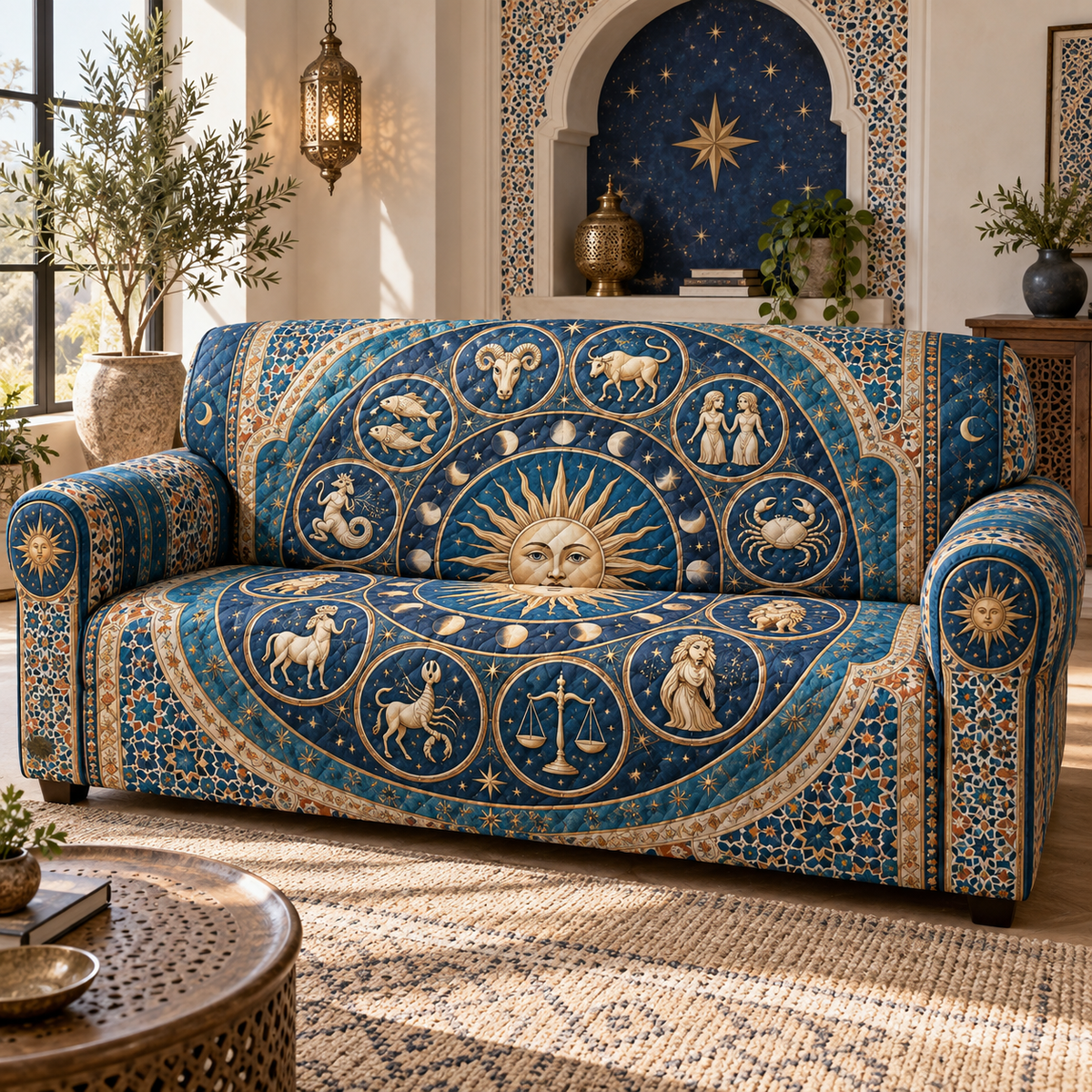 Zodiac Living Room Focal Point Sofa Cover with flat printed optical 3D celestial gallery arches in peacock teal lapis terracotta antique gold and cream
