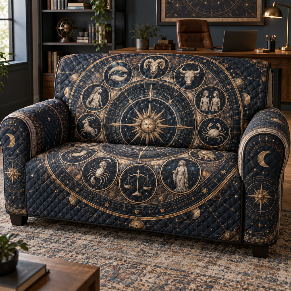 Zodiac Home Office Sofa Cover with flat printed optical 3D celestial gallery arches in graphite midnight blue brushed brass cognac and cool ivory