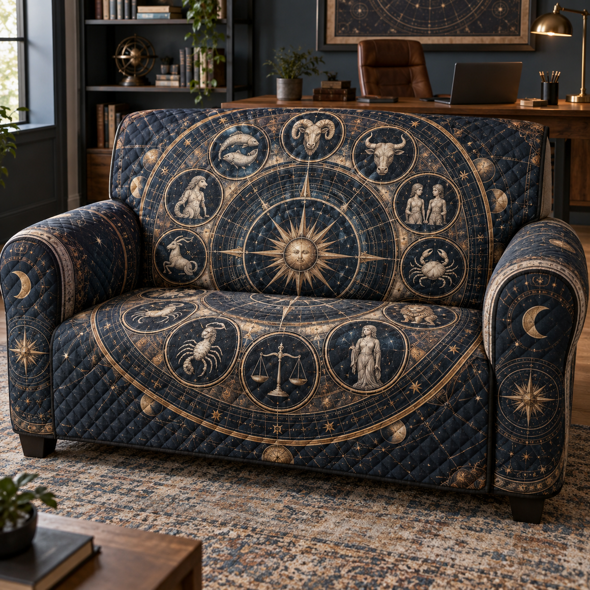 Zodiac Home Office Sofa Cover with flat printed optical 3D celestial gallery arches in graphite midnight blue brushed brass cognac and cool ivory