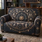 Zodiac Home Office Sofa Cover with flat printed optical 3D celestial gallery arches in graphite midnight blue brushed brass cognac and cool ivory