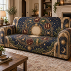 Personalized Zodiac Housewarming Sofa Cover showing sample family name integrated into flat printed optical 3D zodiac wheel artwork