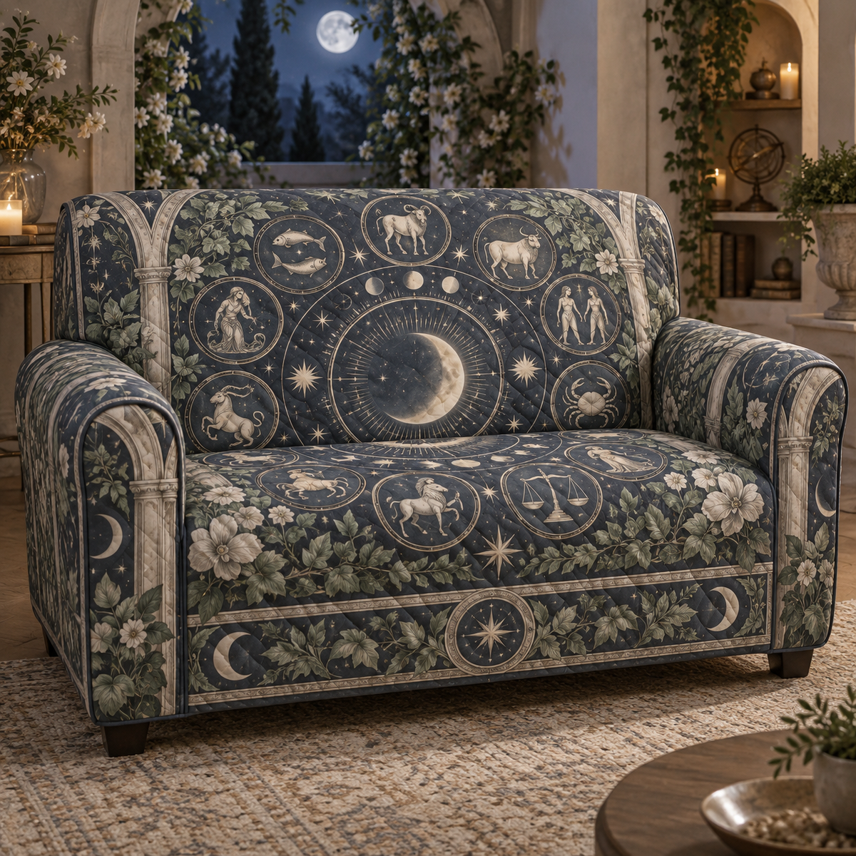Zodiac Quiet Corner Sofa Cover with flat printed optical 3D celestial gallery arches in dusty indigo muted sage antique pewter mauve and warm cream