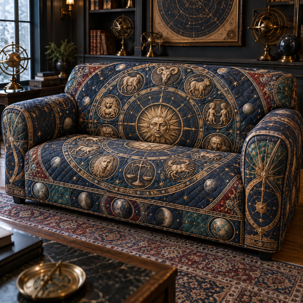 Zodiac Collector Birthday Sofa Cover with flat printed optical 3D celestial gallery arches in obsidian blue aged bronze garnet malachite and vellum