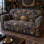 Zodiac Collector Birthday Sofa Cover with flat printed optical 3D celestial gallery arches in obsidian blue aged bronze garnet malachite and vellum
