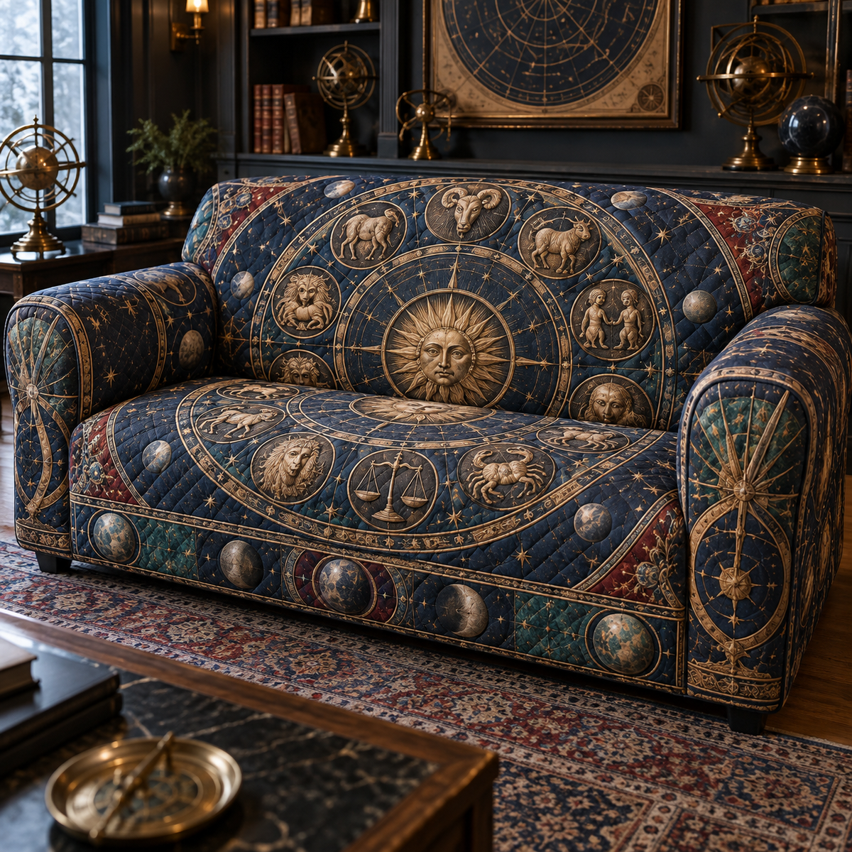 Zodiac Collector Birthday Sofa Cover with flat printed optical 3D celestial gallery arches in obsidian blue aged bronze garnet malachite and vellum