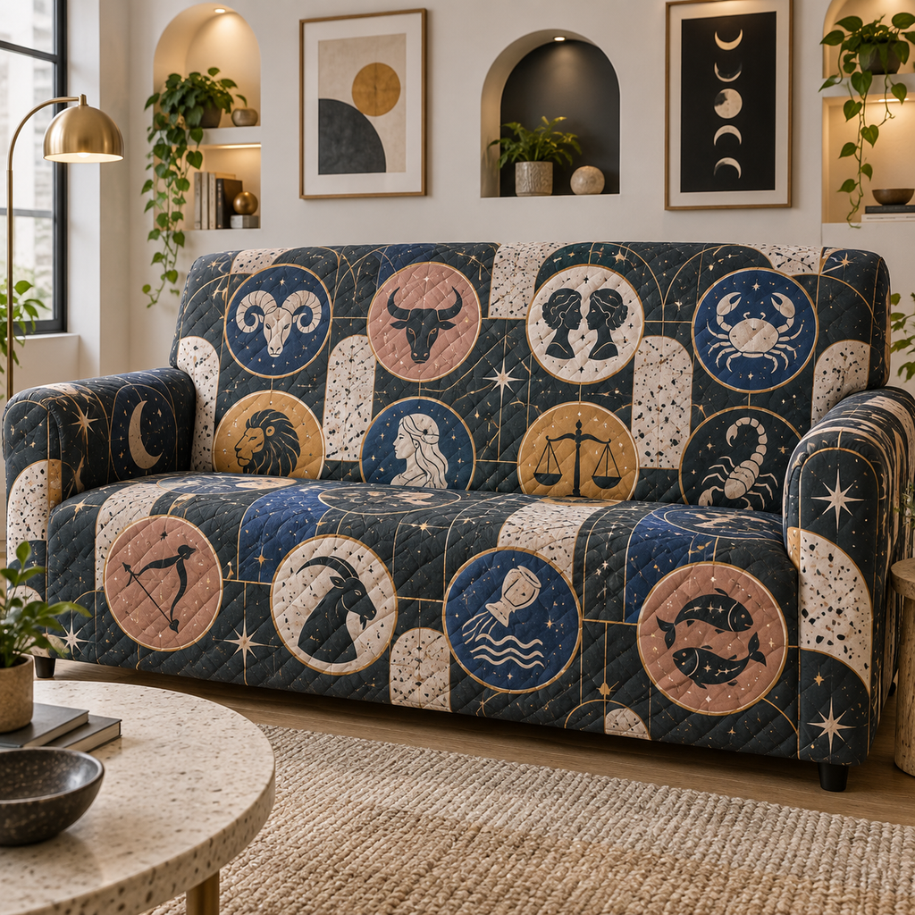 Zodiac Apartment Gallery Sofa Cover with flat printed optical 3D celestial gallery arches in charcoal cobalt ochre dusty rose and bone white