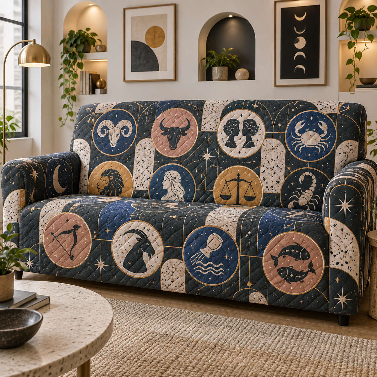 Zodiac Apartment Gallery Sofa Cover with flat printed optical 3D celestial gallery arches in charcoal cobalt ochre dusty rose and bone white
