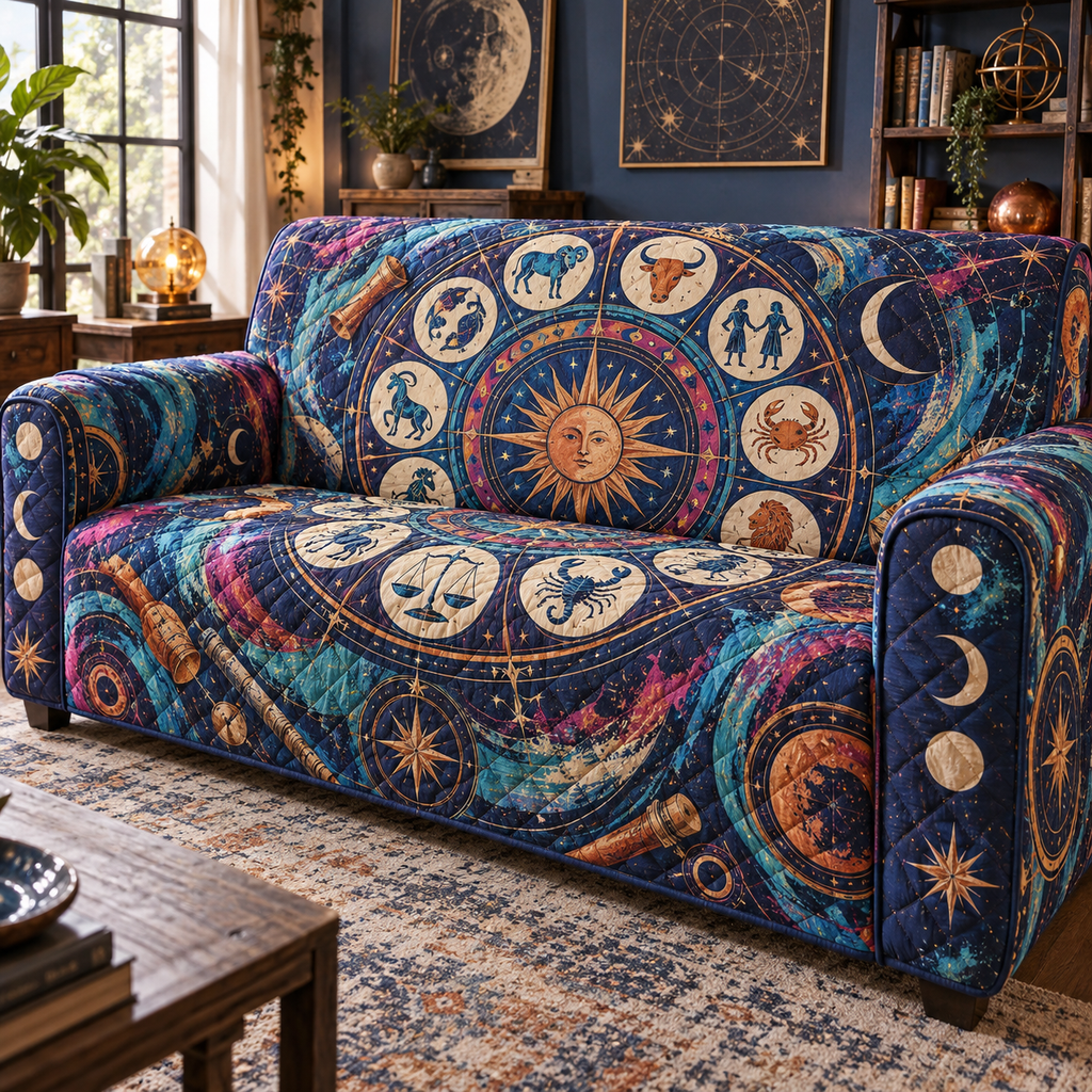 Zodiac Hobby Studio Sofa Cover with flat printed optical 3D celestial gallery arches in ultramarine magenta turquoise copper orange and soft cream