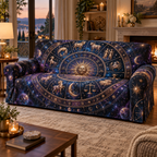 Zodiac Host Thank You Sofa Cover with flat printed optical 3D zodiac wheel in midnight blue amethyst and copper gold