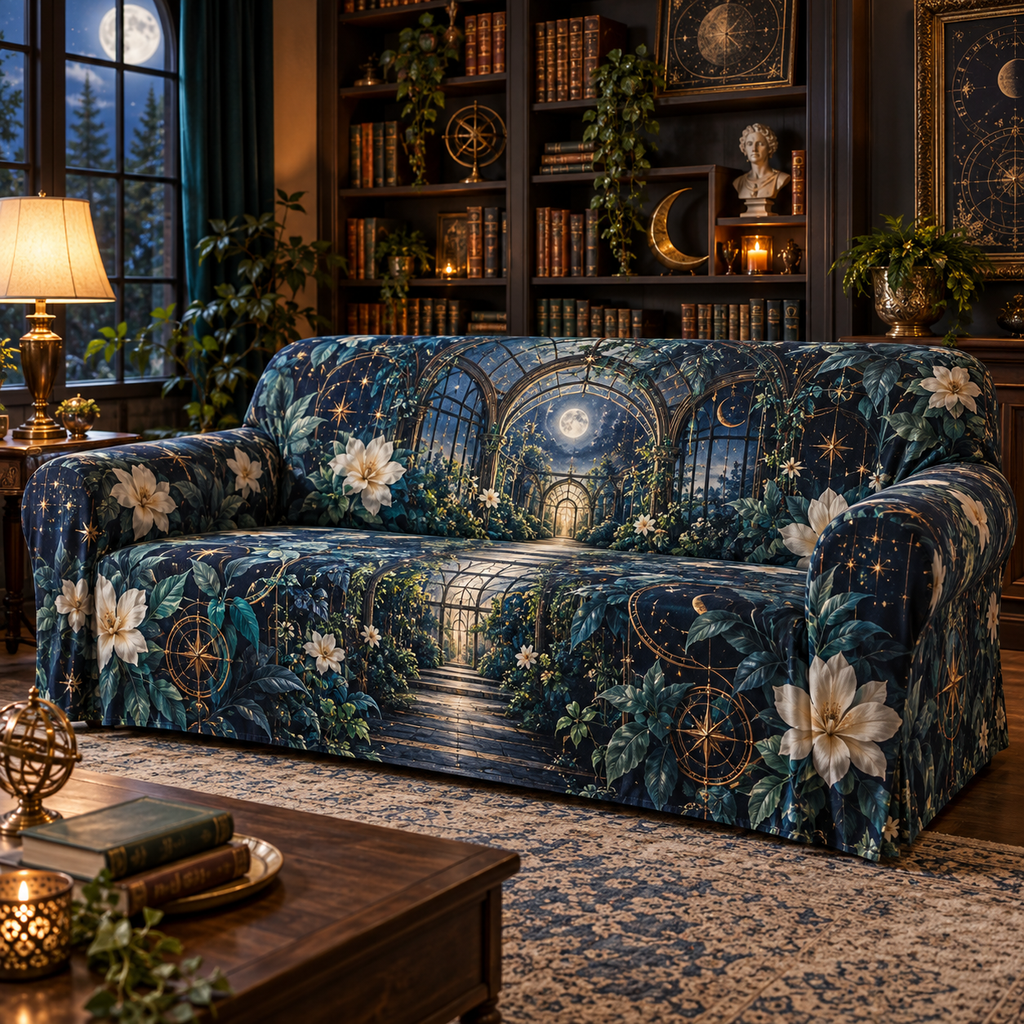 Celestial Botanical Garden Sofa Cover with flat printed optical 3D moonlit conservatory in indigo teal ivory copper gold and sapphire