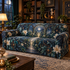 Celestial Botanical Garden Sofa Cover with flat printed optical 3D moonlit conservatory in indigo teal ivory copper gold and sapphire