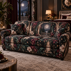 Moonlit Botanical Bedroom Sofa Cover with flat printed optical 3D baroque garden in black emerald burgundy pearl and rose gold