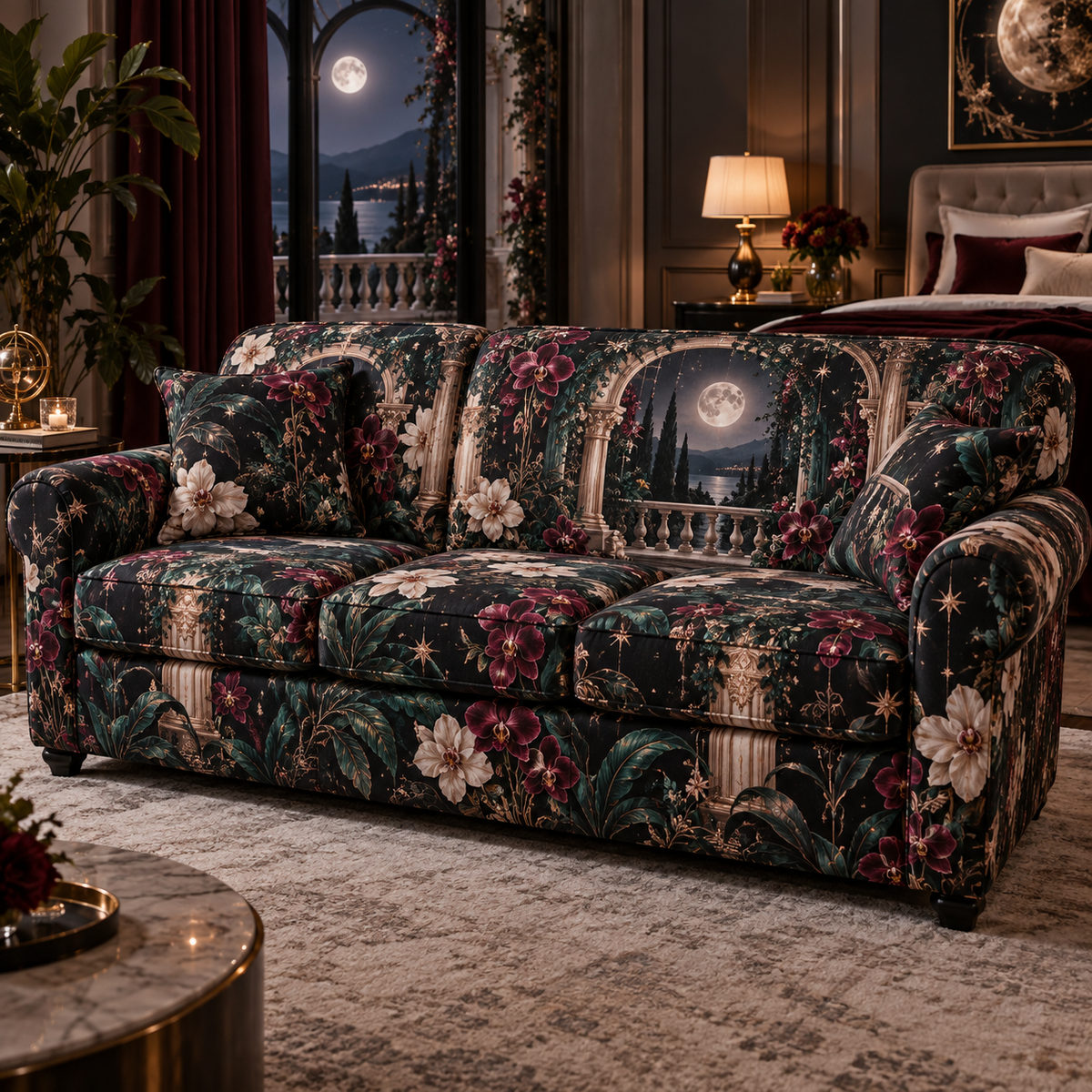 Moonlit Botanical Bedroom Sofa Cover with flat printed optical 3D baroque garden in black emerald burgundy pearl and rose gold
