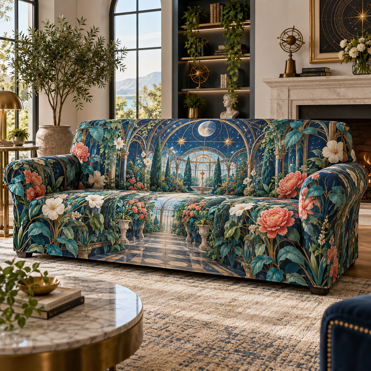 Celestial Garden Living Room Sofa Cover with flat printed optical 3D Art Nouveau garden in cobalt turquoise coral cream and antique brass