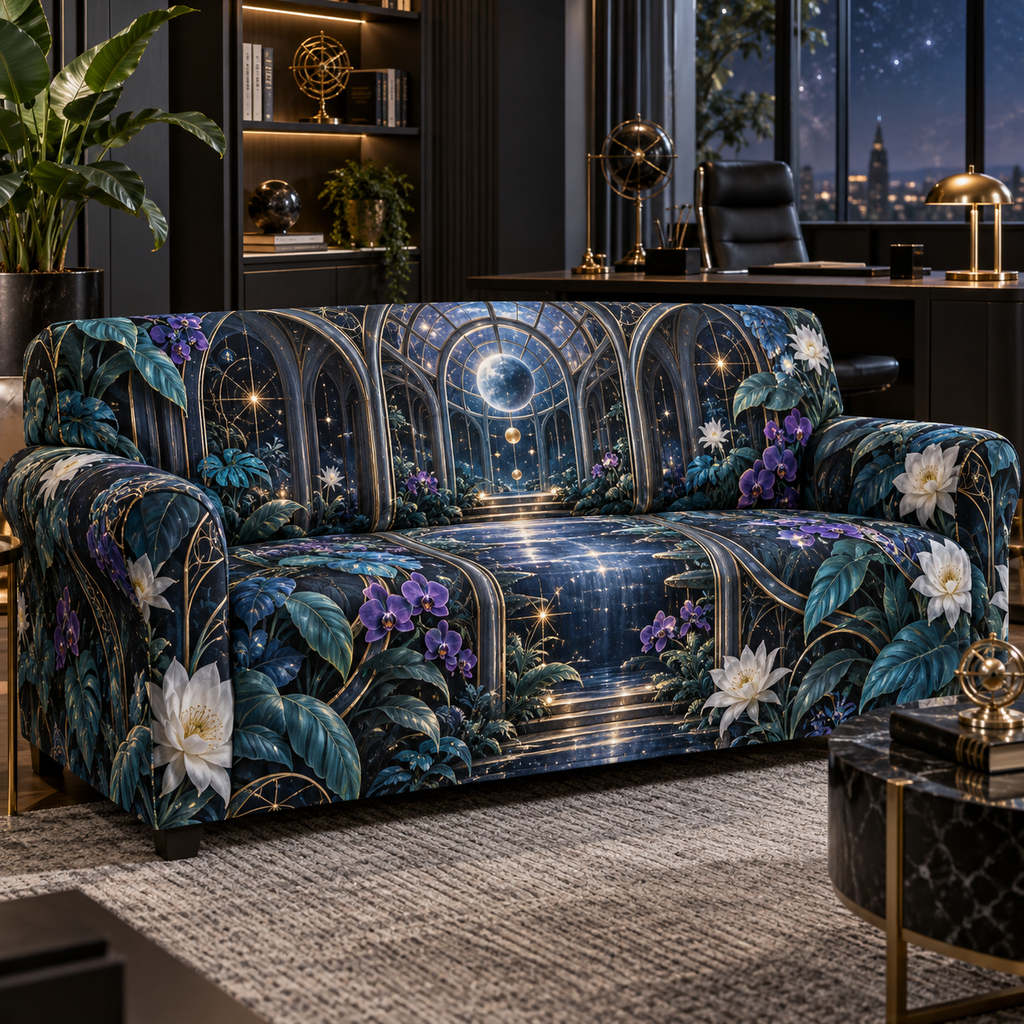 Celestial Garden Home Office Sofa Cover with flat printed optical 3D futuristic garden in graphite cyan violet white and gold