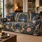 Personalized Celestial Garden Sofa Cover showing sample family name integrated into flat printed optical 3D celestial botanical artwork