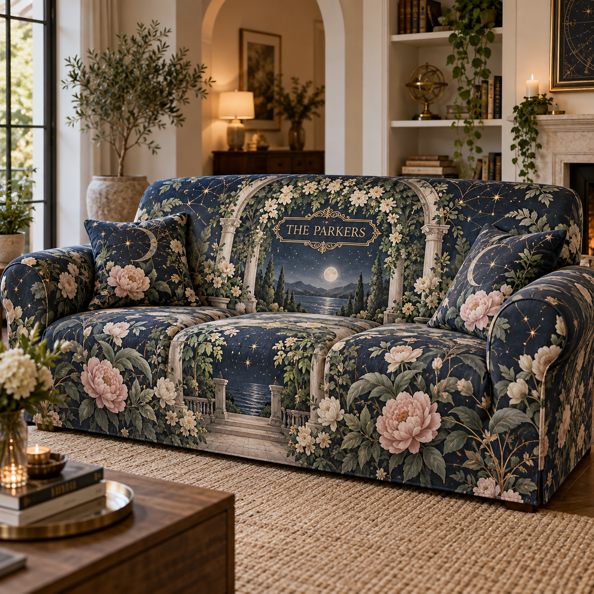 Personalized Celestial Garden Sofa Cover showing sample family name integrated into flat printed optical 3D celestial botanical artwork