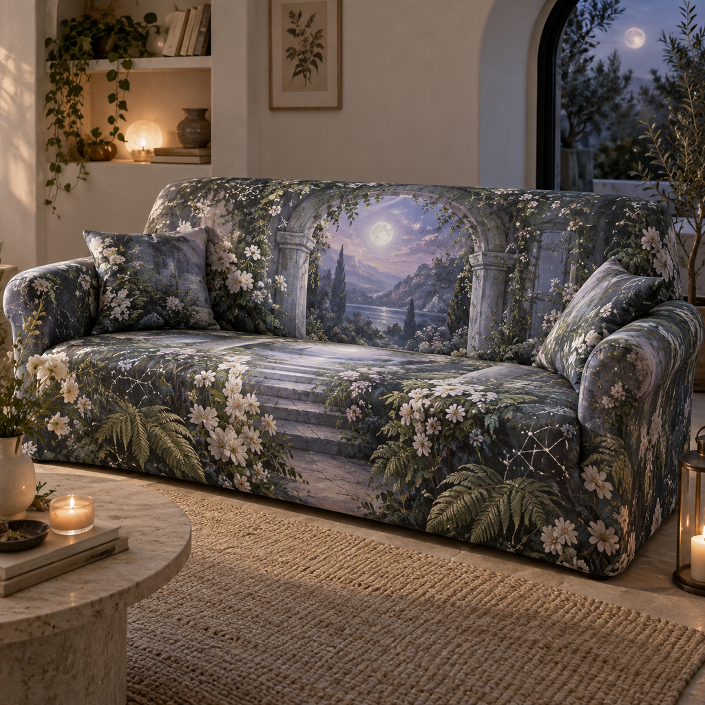 Moon Garden Quiet Corner Sofa Cover with flat printed optical 3D tranquil garden in lavender moss silver cream and misty blue