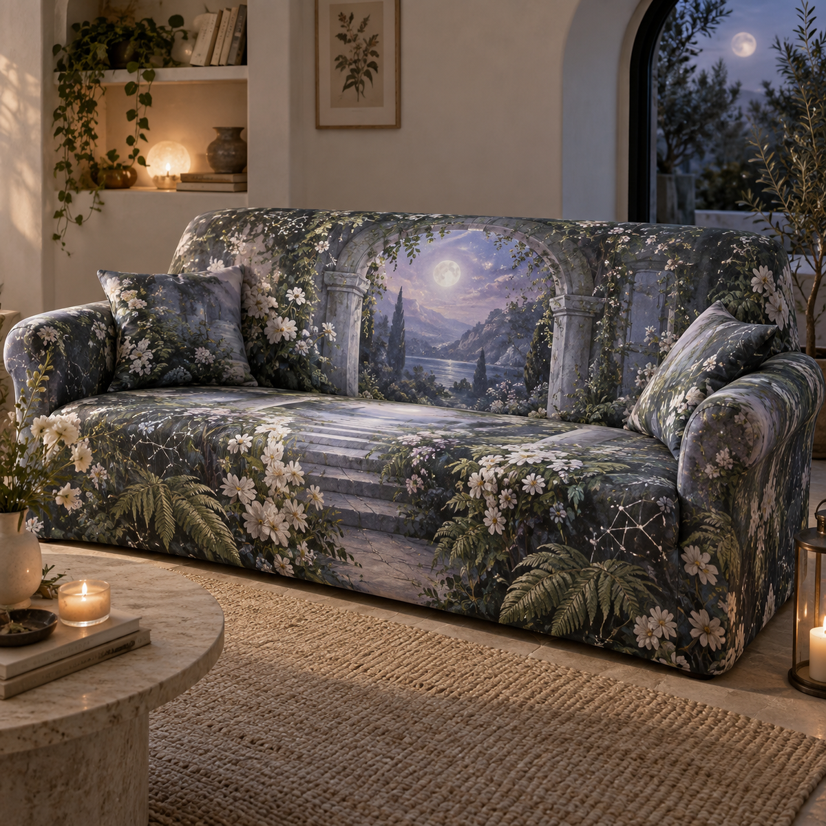 Moon Garden Quiet Corner Sofa Cover with flat printed optical 3D tranquil garden in lavender moss silver cream and misty blue