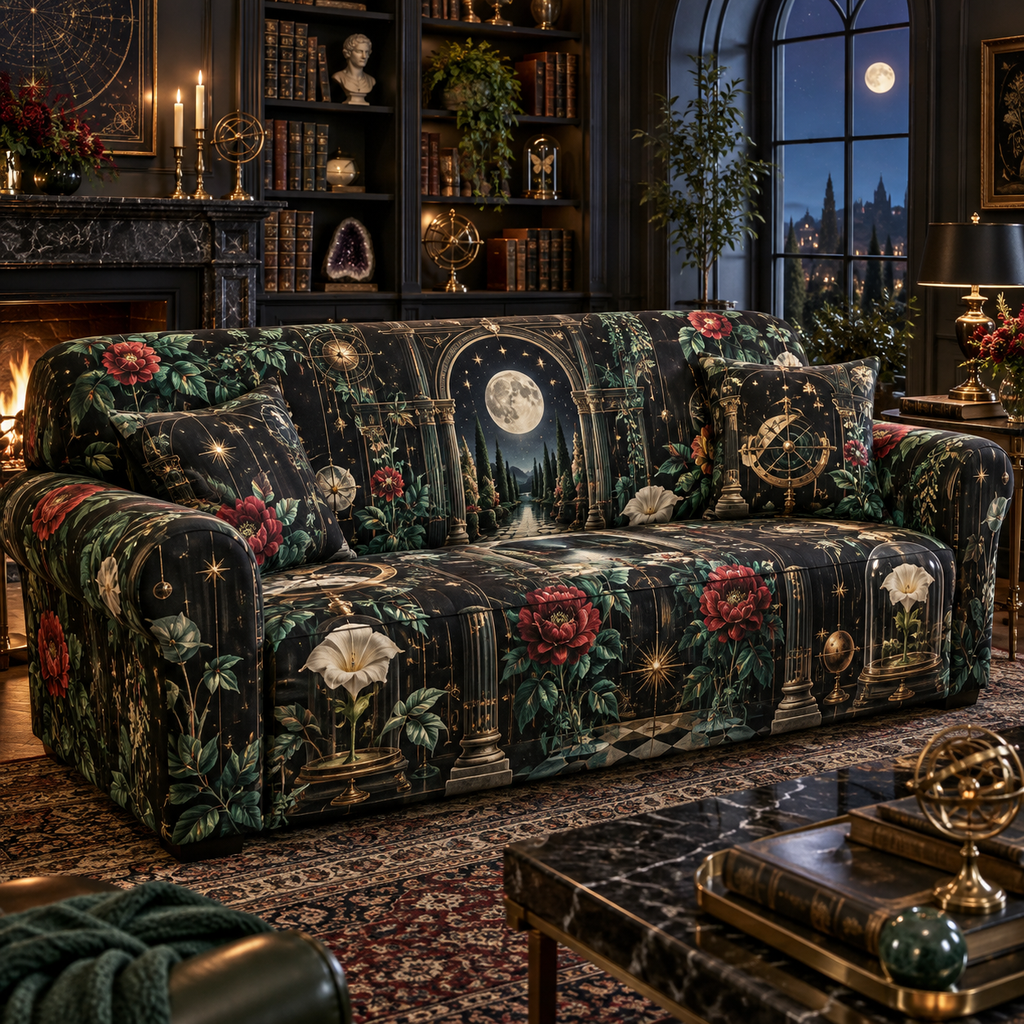 Collector Celestial Garden Sofa Cover with flat printed optical 3D museum garden in obsidian emerald ruby pearl and aged gold