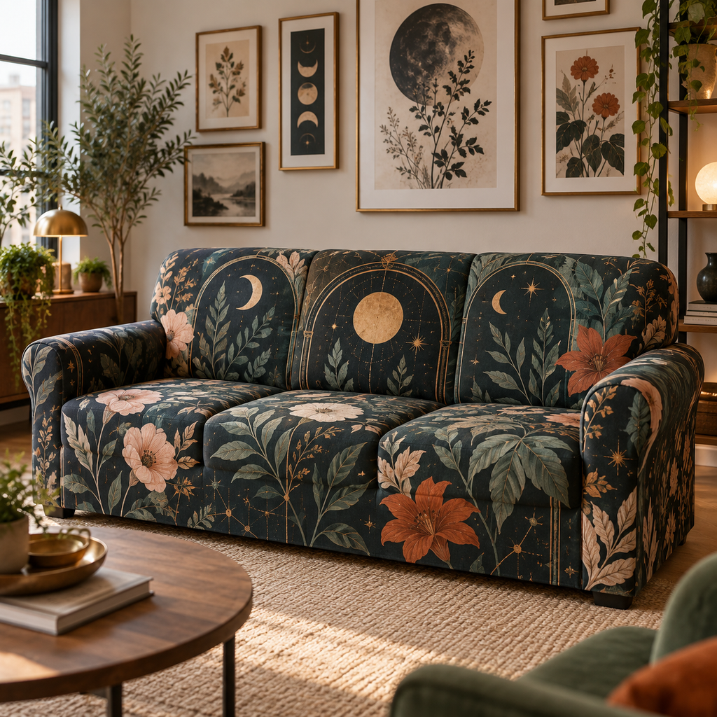 Celestial Gallery Apartment Sofa Cover with flat printed optical 3D gallery garden in ink blue teal terracotta blush and ochre