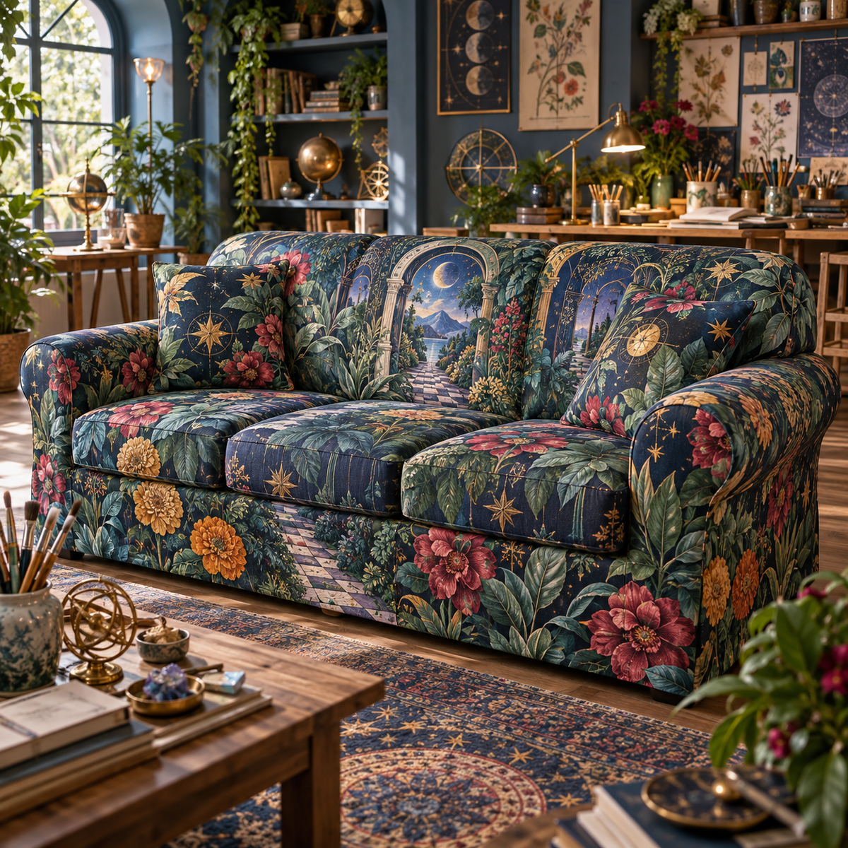 Celestial Garden Hobby Studio Sofa Cover with flat printed optical 3D creative atelier in indigo jade raspberry marigold and brass