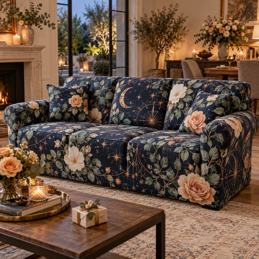 Celestial Garden Host Gift Sofa Cover with flat printed optical 3D welcoming veranda in sapphire eucalyptus apricot pearl and copper